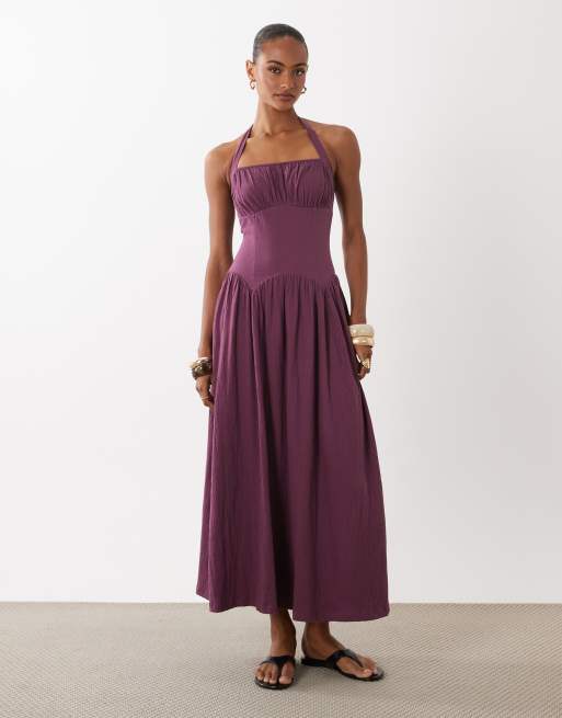 ASOS DESIGN - Gesmokte maxi jurk met hartvormige halslijn in paars, 2 van 4