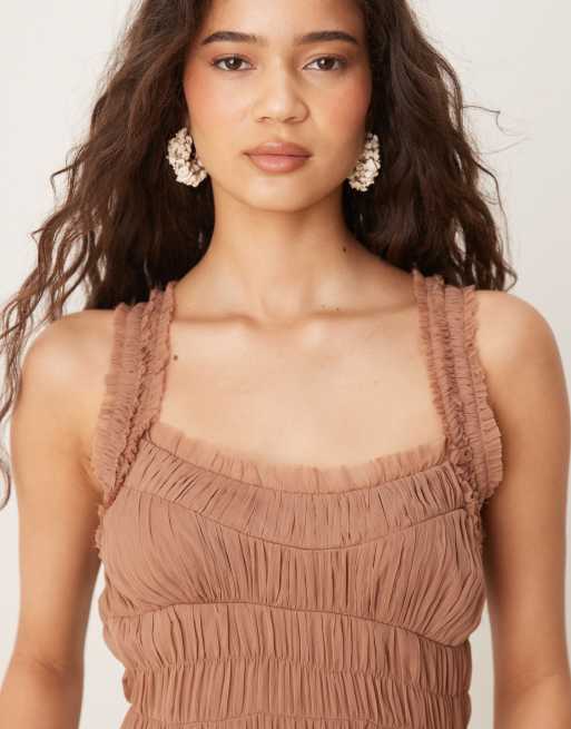 ASOS DESIGN - Gesmokte maxi jurk met stroken en ruches aan de rand in mauve, 3 van 4