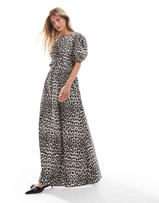 ASOS DESIGN - Gesmokte maxi jurk van popeline met gestrikte zijkant in luipaardprint