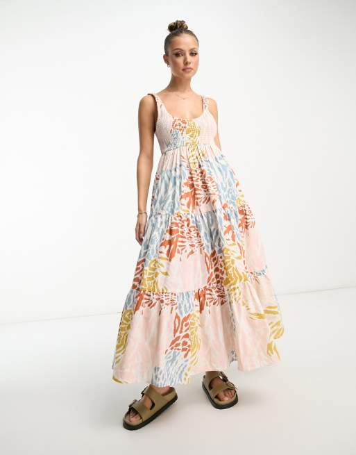 ASOS DESIGN - Gesmokte maxi zonnejurk met stroken en abstracte print, 4 van 4