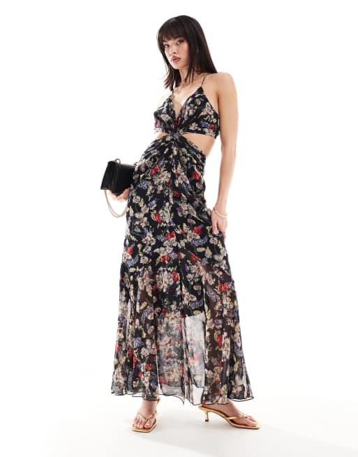 ASOS DESIGN - Gesmokte maxi zonnejurk met uitsnijdingen in zwarte bloemenprint