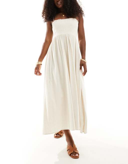 ASOS DESIGN - Gesmokte midi bandeau-strandjurk met linnenlook in crème
