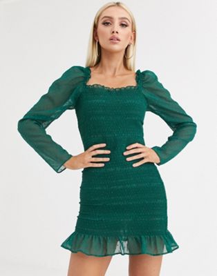 ASOS DESIGN - Gesmokte mini-jurk van dobby-Groen