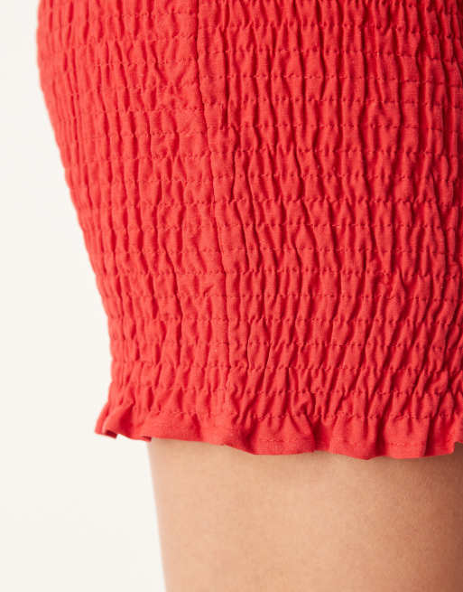 ASOS DESIGN - Gesmokte mini rok met linnenlook in rood, 3 van 5