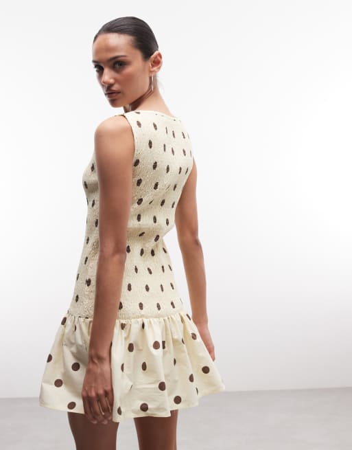 ASOS DESIGN - Gesmokte mouwloze mini jurk in lichtgeel met stippen, 4 van 4