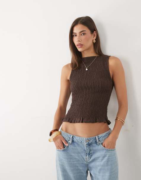 ASOS DESIGN - Gesmokte tanktop van linnenmix in chocoladebruin - view 1