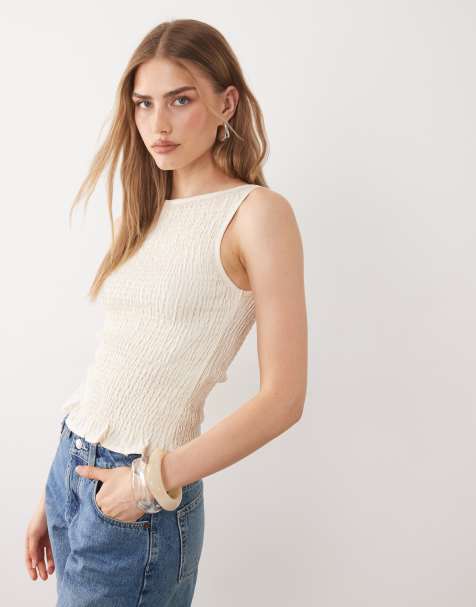 ASOS DESIGN - Gesmokte tanktop van linnenmix in ivoorwit - view 1