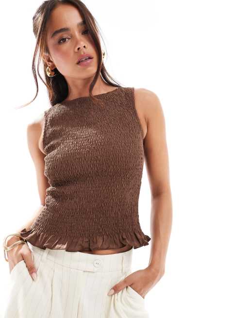 ASOS DESIGN - Gesmokte tanktop van poplin in bruin