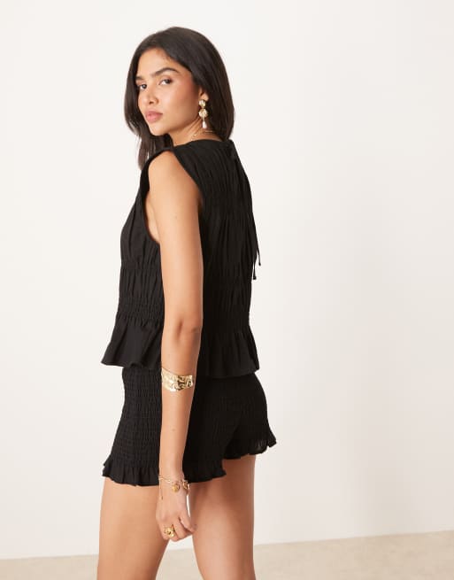ASOS DESIGN - Gesmokte top met linnenlook in zwart, deel van co-ord set, 4 van 4