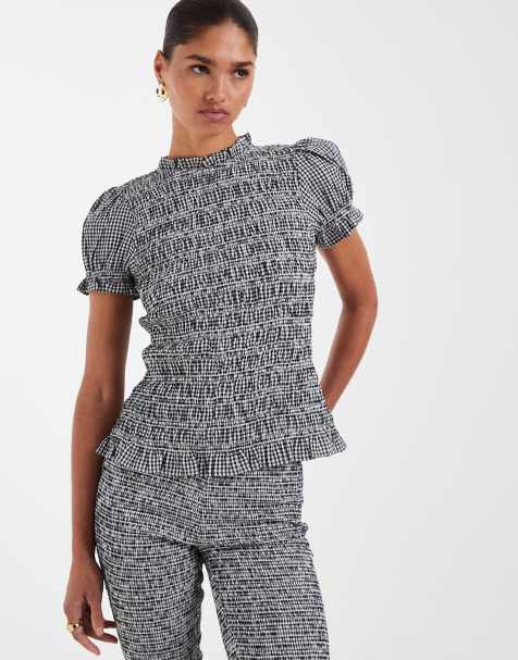 ASOS DESIGN - Gesmokte top met ruches en gingham ruit - view 1