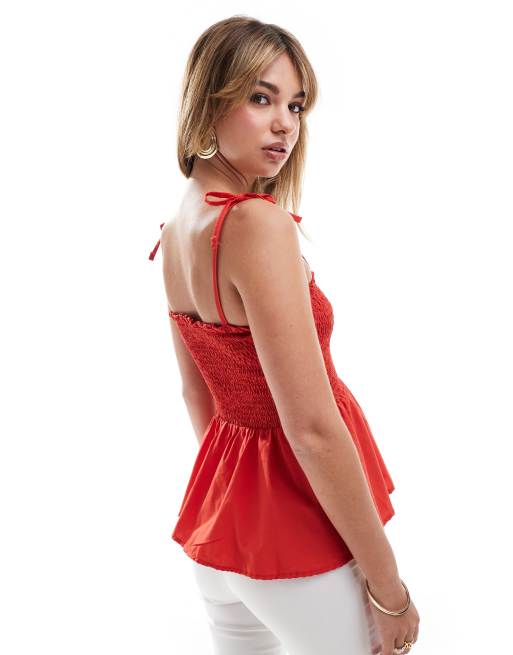 ASOS DESIGN – Gesmoktes Babydoll-Oberteil in Rot mit gebundenen Trägern, 3 von 4