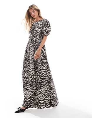 ASOS DESIGN - Gesmoktes Maxikleid aus Popeline mit Leopardenmuster und seitlicher Schnürung-Bunt