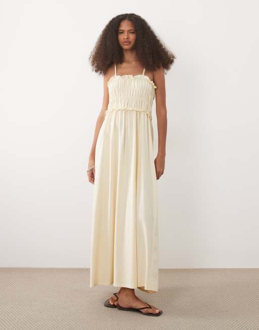 ASOS DESIGN – Gesmoktes Midi-Sommerkleid in Buttermilchgelb mit schmalen Trägern, 2 von 4