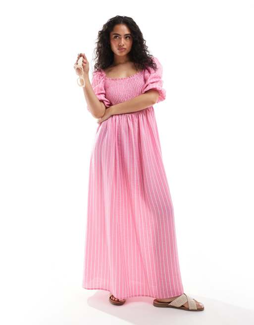 ASOS DESIGN – Gesmoktes Midikleid in Rosa gestreift mit Puffärmeln
