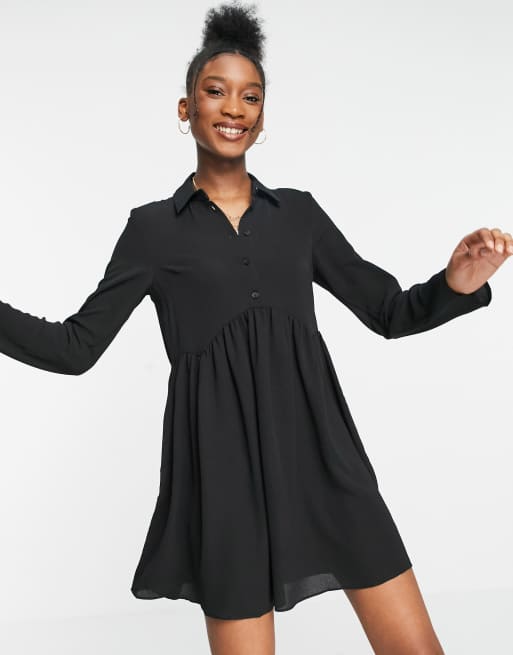 ASOS DESIGN – Gesmoktes Mini-Hemdkleid in Schwarz
