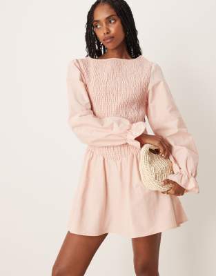 ASOS DESIGN - Gesmoktes Minikleid aus Leinenmix in Rosa