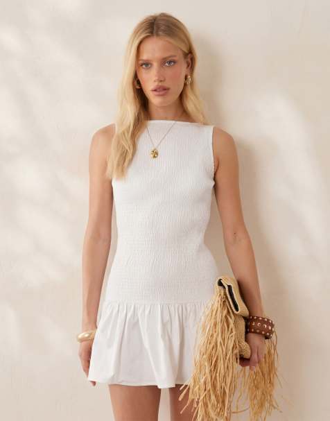 ASOS DESIGN – Gesmoktes Minikleid in Weiß mit tiefer Taille - view 1