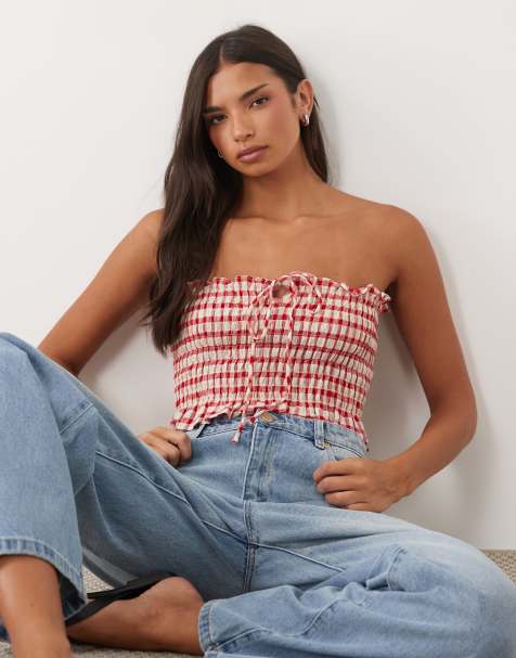ASOS DESIGN gesmoktes Multiway-Bandeau-Kombiteil-Oberteil in rot kariert - view 1