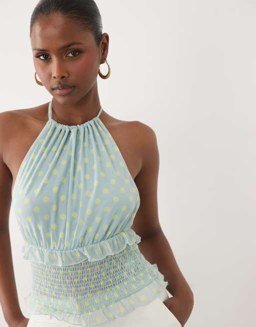 ASOS DESIGN – Gesmoktes Neckholder-Oberteil aus Netzstoff in Blau mit Punktemuster, 2 von 4