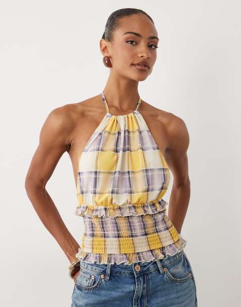 ASOS DESIGN – Gesmoktes Neckholder-Oberteil aus Netzstoff mit Karomuster - view 1