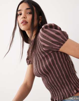 ASOS DESIGN - Gesmoktes Oberteil in gestreiftem Braun mit Puffärmeln-Bunt
