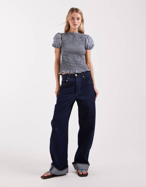 ASOS DESIGN – Gesmoktes Oberteil in kariertem Blau mit Puffärmeln, Kombiteil, 2 von 4