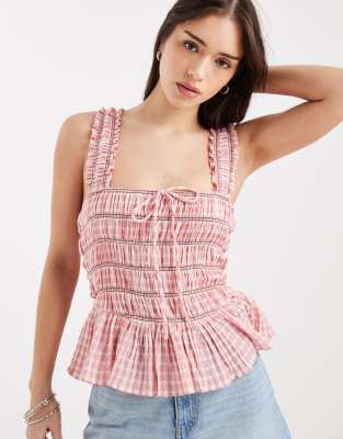 Gesmoktes Seersucker-Camisole im Milchmädchen-Stil mit rosa Vichy-Karomuster-Bunt Bunt 46