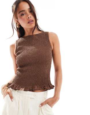 ASOS DESIGN - Gesmoktes Tanktop aus Popeline in Braun mit Raffung am Hals-Brown