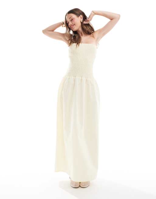 ASOS DESIGN – Gesmoktes, trägerloses Maxikleid in Blassgelb