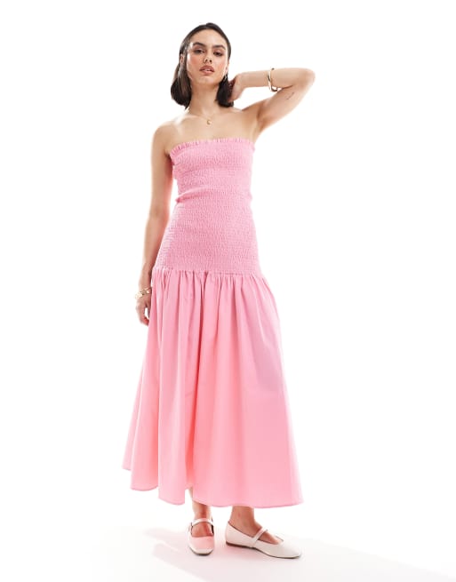 ASOS DESIGN – Gesmoktes, trägerloses Midikleid in Rosa mit tiefer Taille