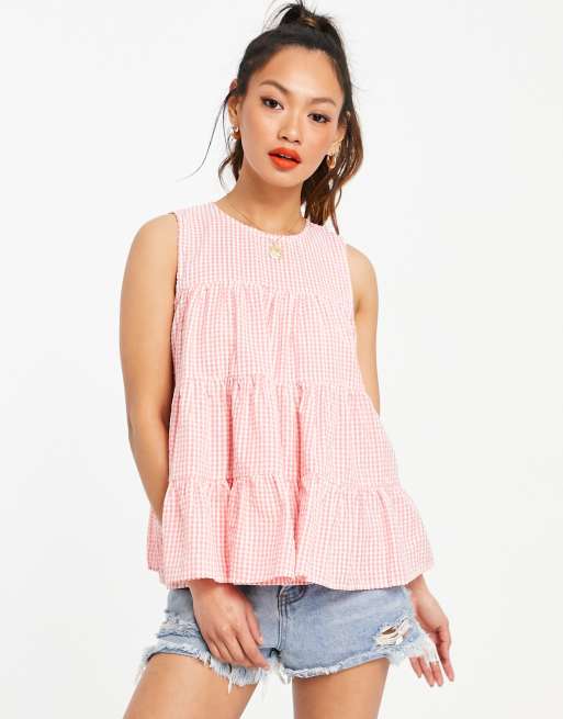 ASOS DESIGN – Gesmoktes Trägertop aus Baumwolle mit Vichy-Karomuster in Rosa