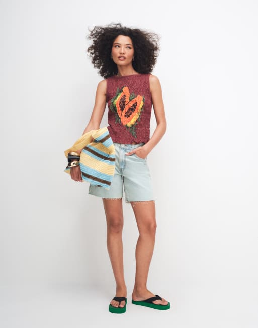 ASOS DESIGN – Gesmoktes Trägertop in Braun mit Papaya-Grafikprint, 2 von 7