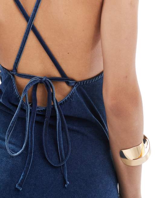 ASOS DESIGN - Gesplitste midaxi jurk met boothals en denim look, 3 van 4