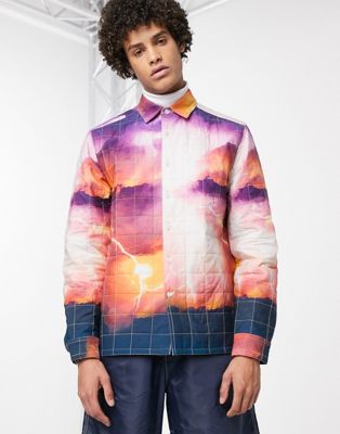 ASOS DESIGN – Gesteppte Hemdjacke mit Landschaftsaufdruck-Orange