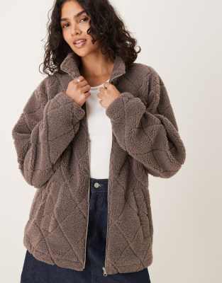 ASOS DESIGN - Gesteppte Jacke aus Teddyfleece in Hellbraun mit Reißverschluss