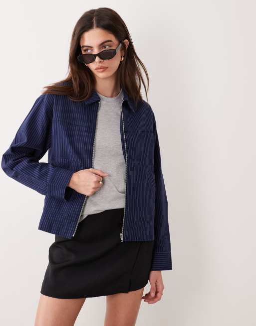 ASOS DESIGN - Gestreept jack met kraag en rits in marineblauw, 4 van 4