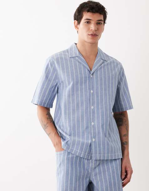 ASOS DESIGN - Gestreept overhemd met korte mouwen in blauw, deel van co-ord set - view 1