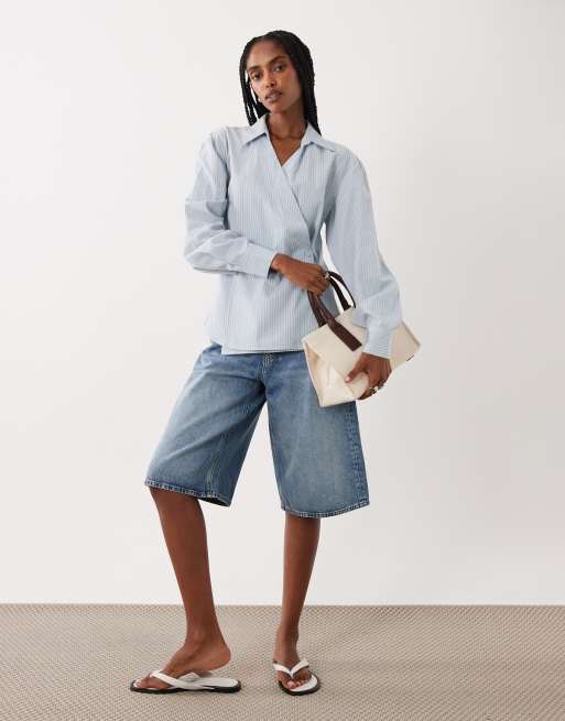 ASOS DESIGN - Gestreept overhemd met overslag en cocoon-mouwen in blauw, 2 van 4