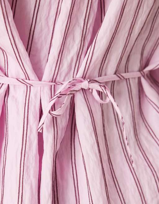 ASOS DESIGN - Gestreept overhemd van modal gestrikte overslag in roze, deel van co-ord set, 3 van 4
