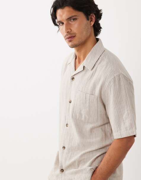 ASOS DESIGN - Gestreept overshirt met reverskraag en opgestikte zak in beige - view 1