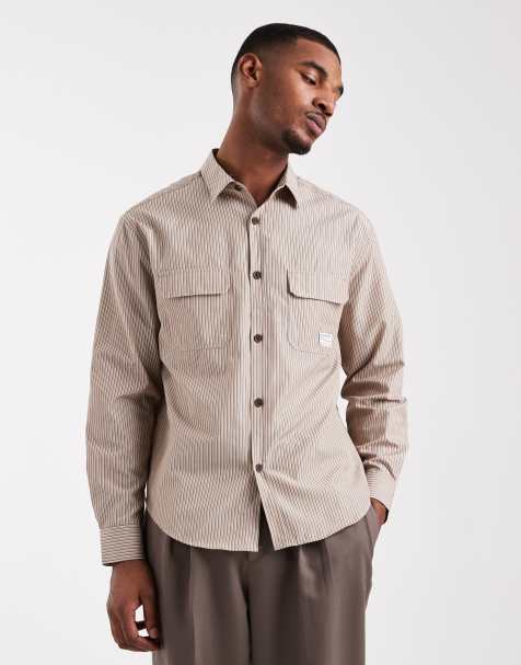 ASOS DESIGN - Gestreept overshirt met workwear-badge detail in bruin - view 1