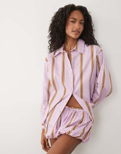 ASOS DESIGN gestreept oversized overhemd in violet - view 1