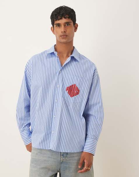 ASOS DESIGN - Gestreept oversized overhemd met borduursel op de borst in blauw - view 1