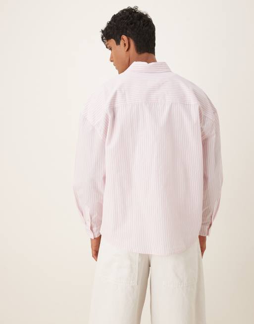 ASOS DESIGN - Gestreept oversized overhemd met lange mouwen en geborduurd logo in roze , 3 van 4