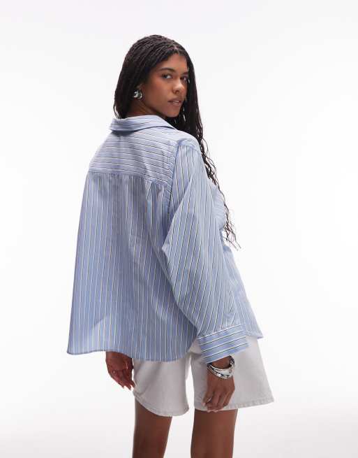 ASOS DESIGN - Gestreept oversized overhemd van poplin in blauw, 2 van 4