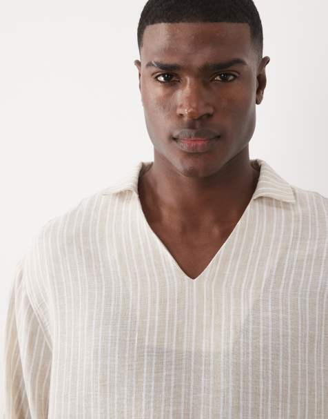 ASOS DESIGN - Gestreept oversized poplin overhemd zonder sluiting in beige - view 1