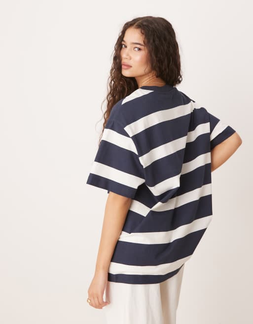 ASOS DESIGN - Gestreept oversized T-shirt in wit en marineblauw, 3 van 4