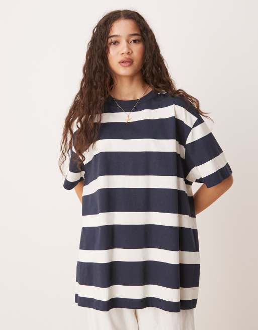 ASOS DESIGN - Gestreept oversized T-shirt in wit en marineblauw, 4 van 4
