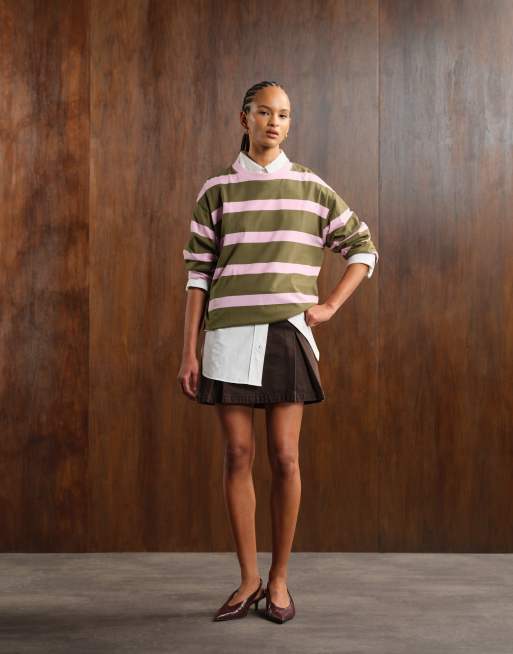 ASOS DESIGN - Gestreept oversized T-shirt met lange mouwen in roze en kaki, 4 van 4