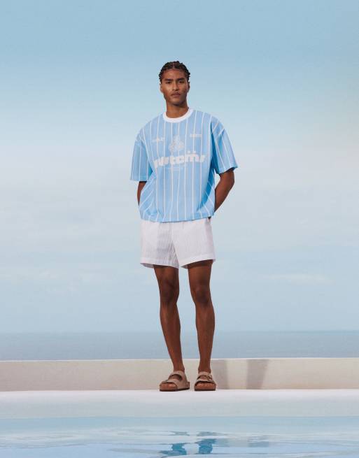 ASOS DESIGN - Gestreept oversized T-shirt met rechte pasvorm en grafisch logo in blauw , 2 van 4